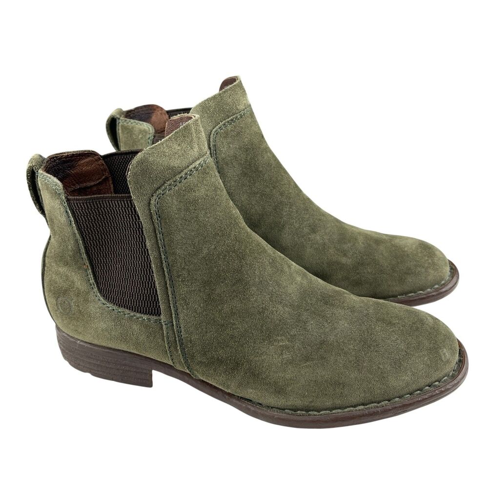 Born Women's Chelsea Ankle Booties 6.5M Green Suede Leather Block Heel Boots